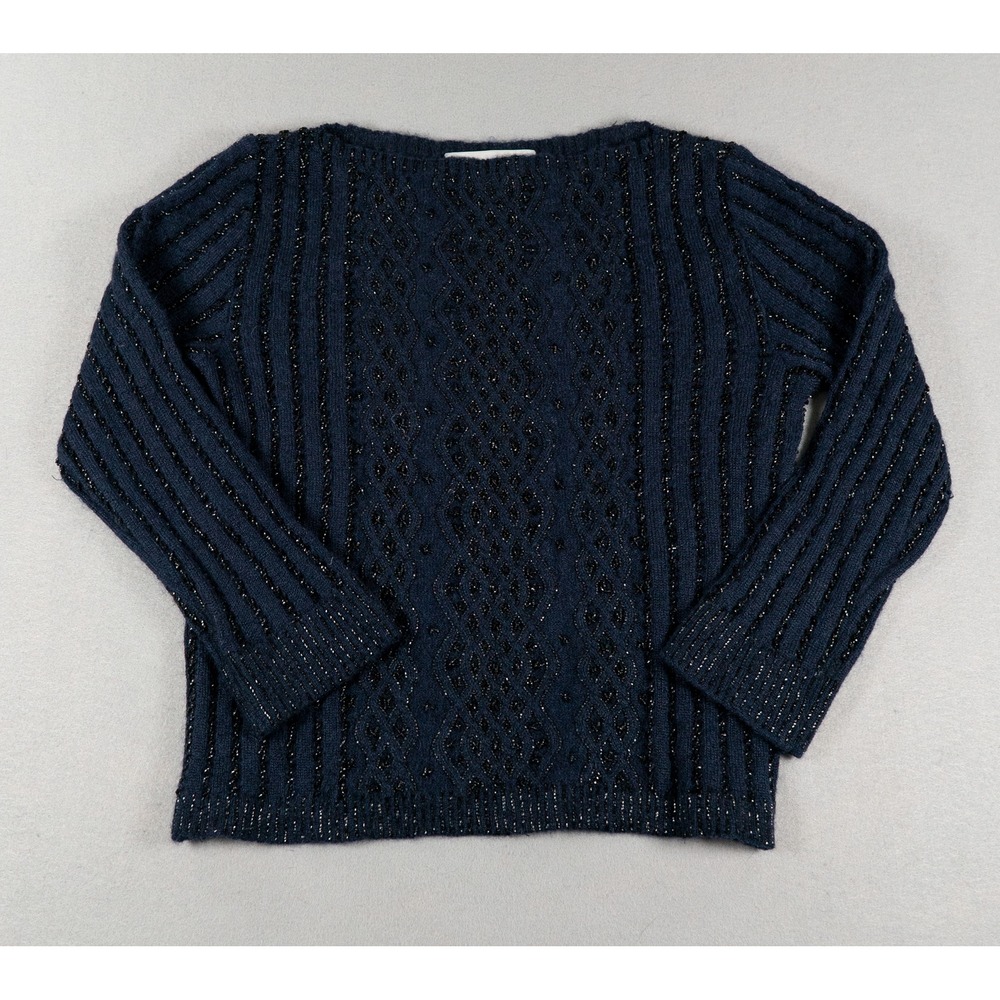 Badgley Mischka Womens Beaded Mohair Blend Cable Knit Sweater Navy Blue Size 6
